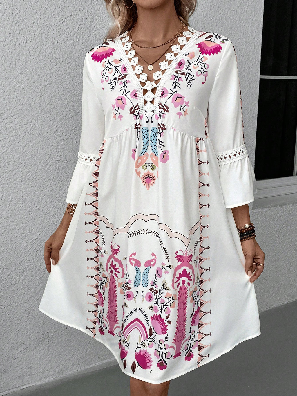 Women's Summer Lace Stitching Casual Printed Dress