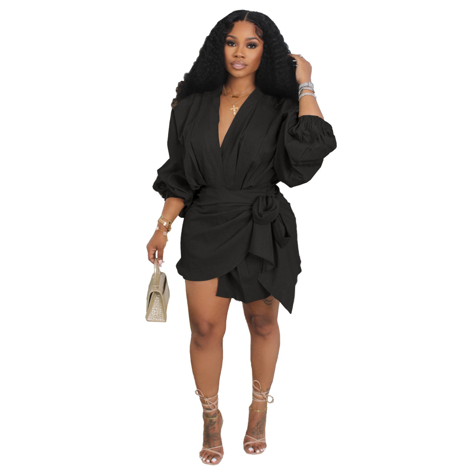 Casual Solid Color Patchwork Pleated Shoulder Strap Design Dress
