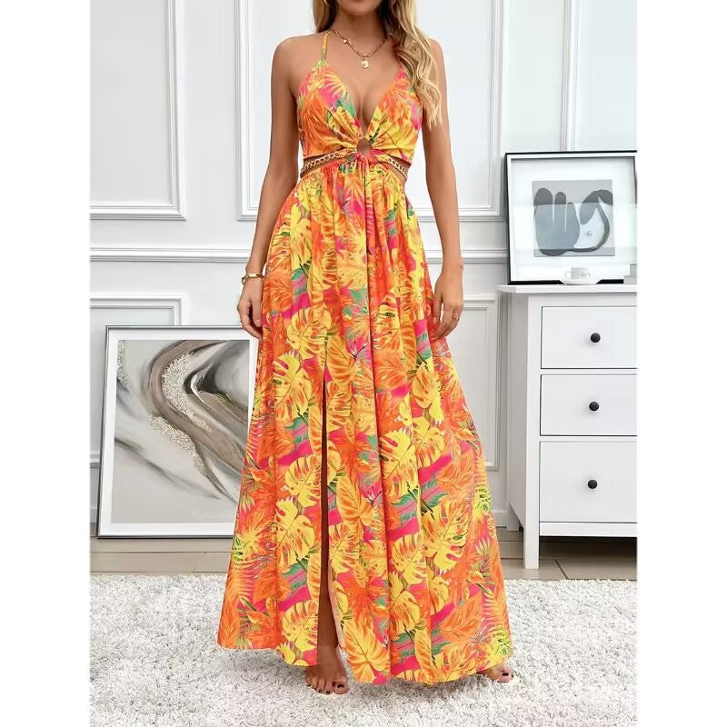 Women's Floral Backless Side Slit Suspender French Print Dress