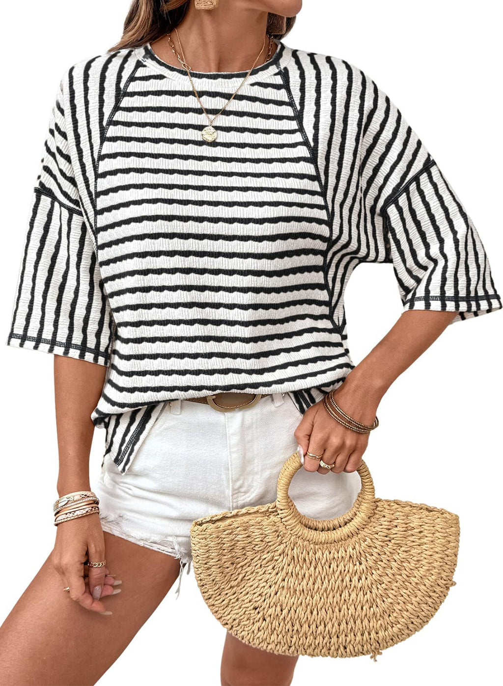 Women's Summer Pullover Simple Striped Half Sleeve Women's T-shirt
