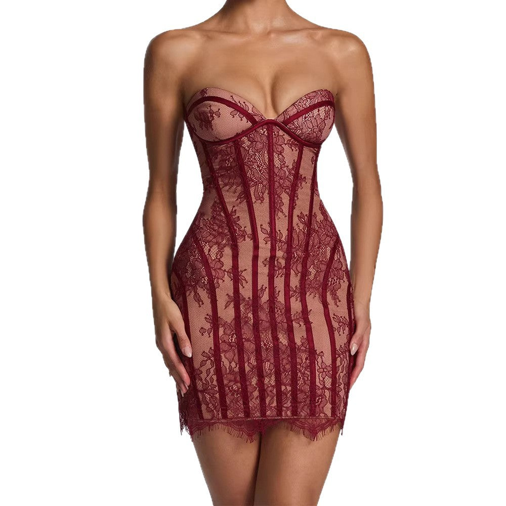 Women's Hot Tube Backless Sheath Lace Striped Dress