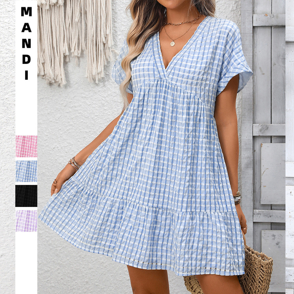 Women's Summer Loose Casual Elegant Short-sleeved Plaid Dress