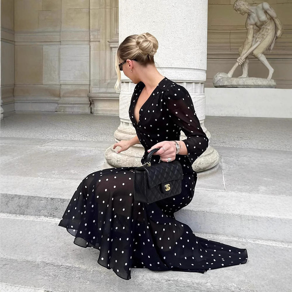 Gentle Summer Fashionable Temperament Mid-length Long Sleeve Polka Dot Dress