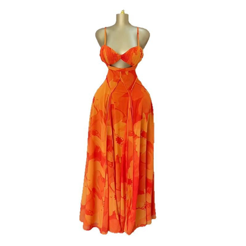 Women's Summer Sweet Fresh Printed Strap Tube High Waist A- Line Tops