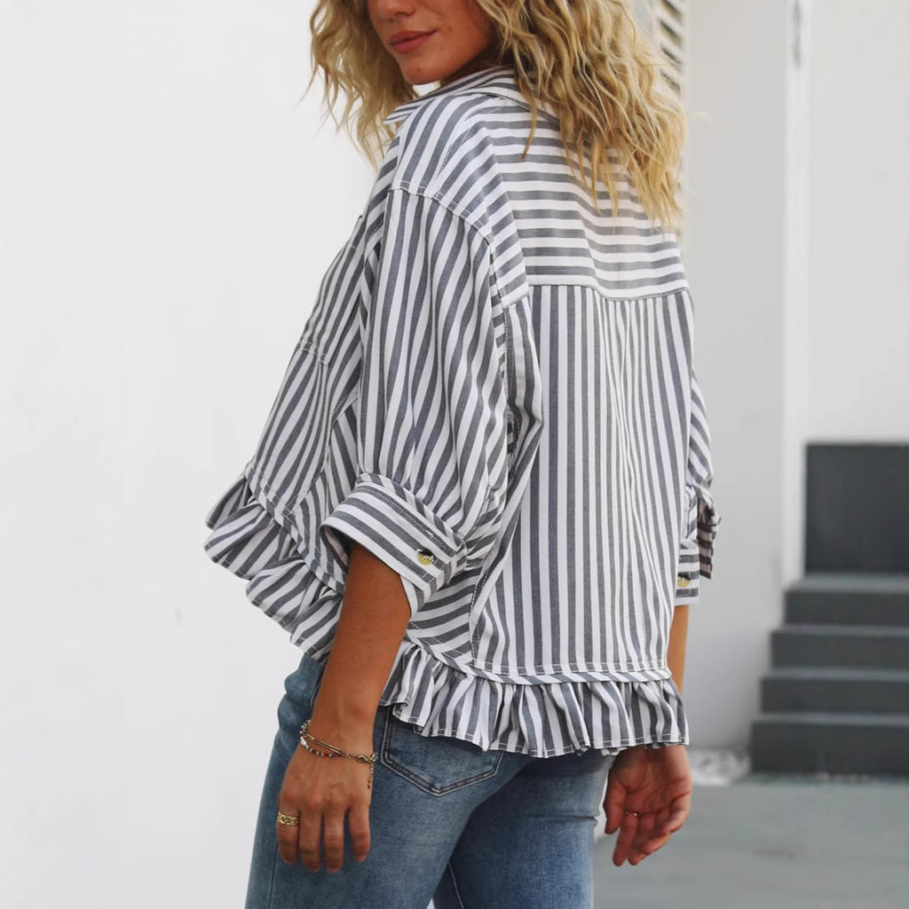 Women's Commuter Striped Lace Hem Loose Shirt Half Blouse