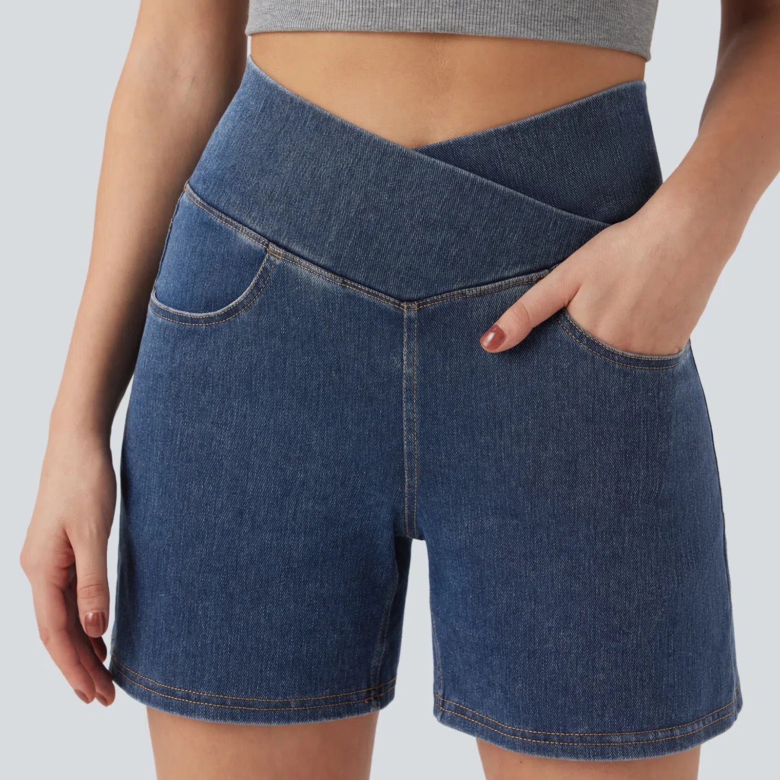Women's Washed Cross High Waist White Denim Stretch Casual Riding Shorts
