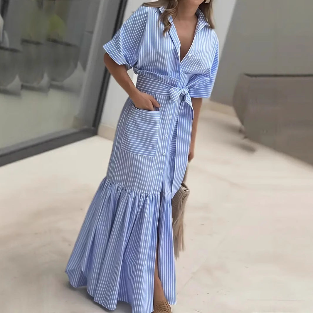 Fashion Striped Sleeve Loose Midi Shirt Shorts