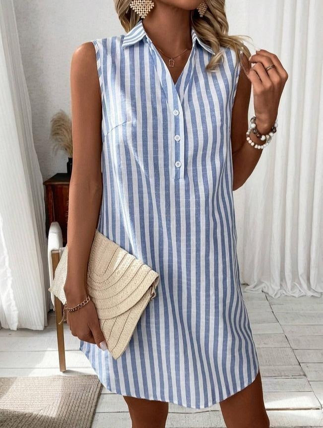 Women's Minimalist Sleeveless Buttons Striped Shirt Fashion Loose Dress