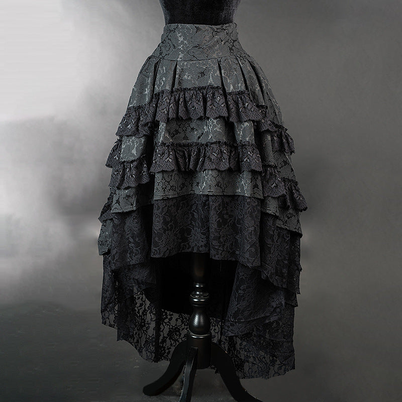 Women's Retro Black Long Gothic Style Asian Culture Lace Skirt