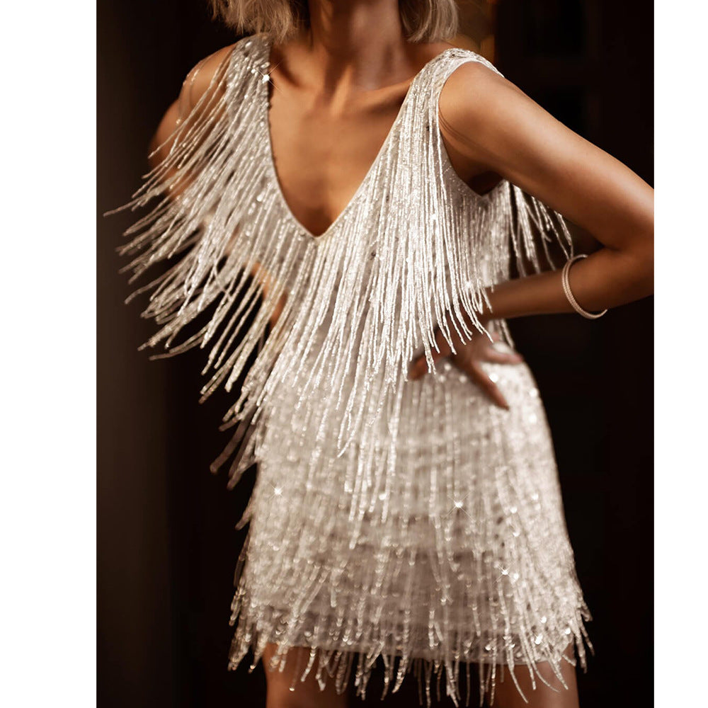 Graceful New Tassel Sequin Sleeveless Gown Dress
