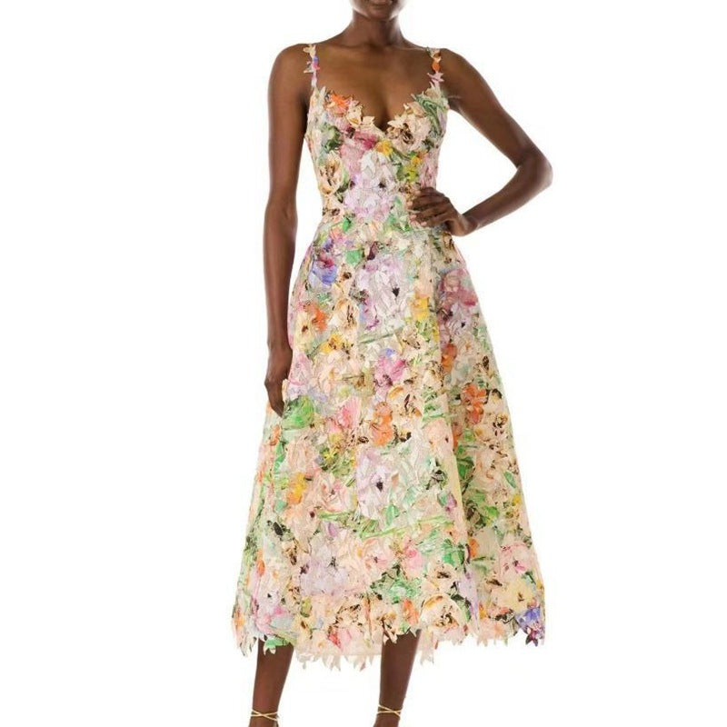 Sexy Summer Colorful Printed Three-dimensional Flower Dress