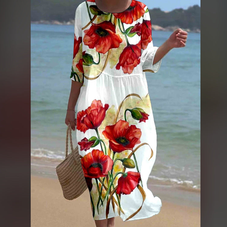 Sleeve Casual Printed Temperament Long Fitted Dress