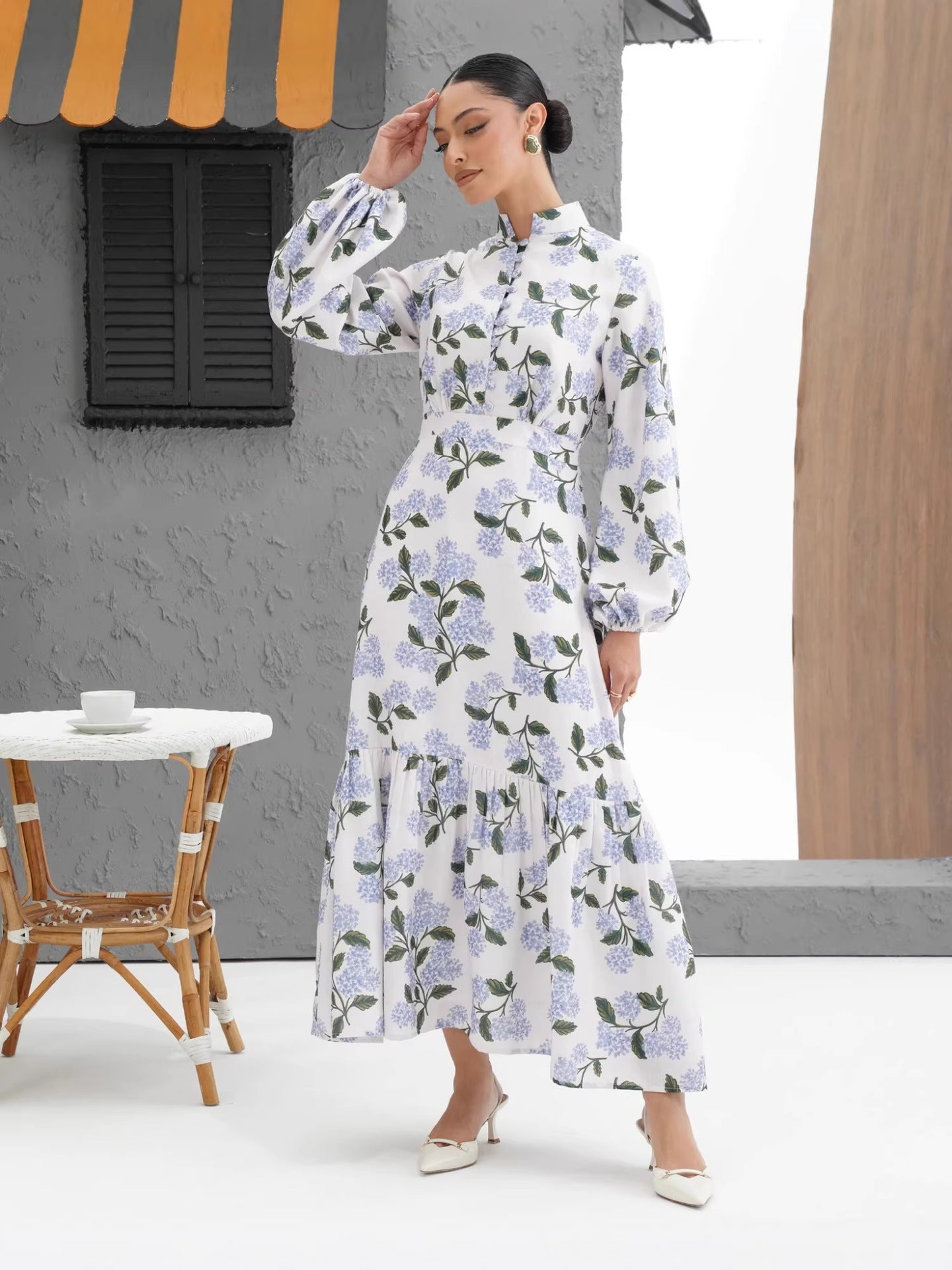 Women's Printed Bag Buckle Shirt Collar Long Dress