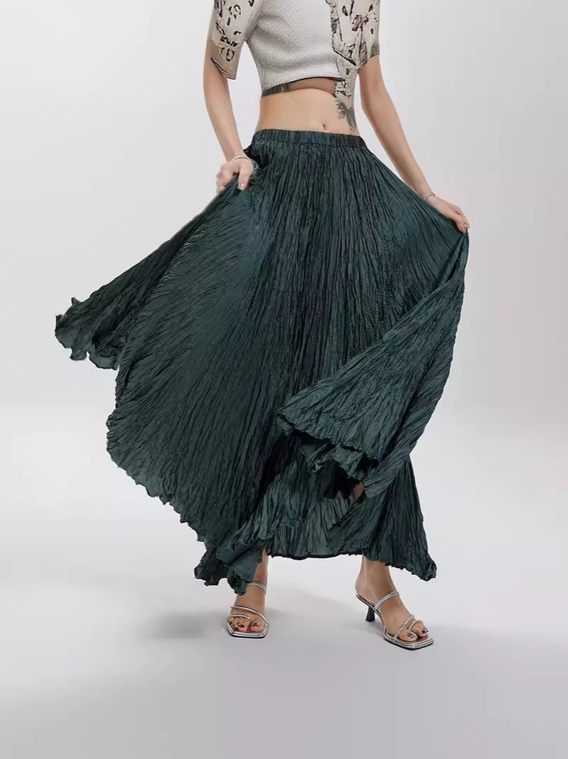 Women's Irregular Pleated A- Line Large Hem Umbrella Elastic High Waist Skirt