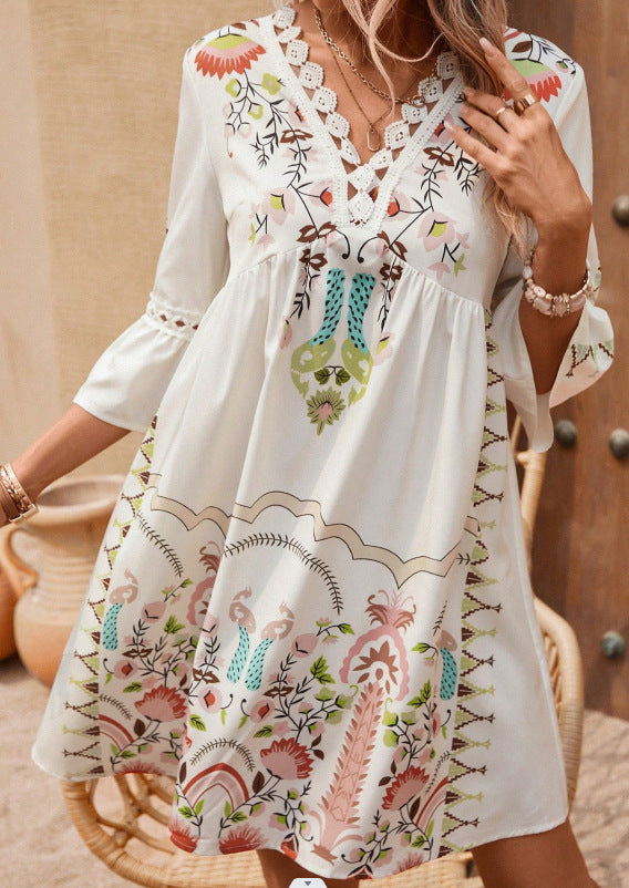 Women's Summer Lace Stitching Casual Printed Dress