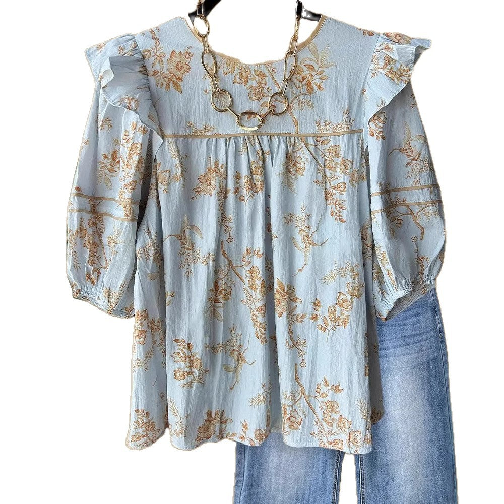 Printing Color Contrast Retro Loose Stitching Long Sleeve Shirt Blouse