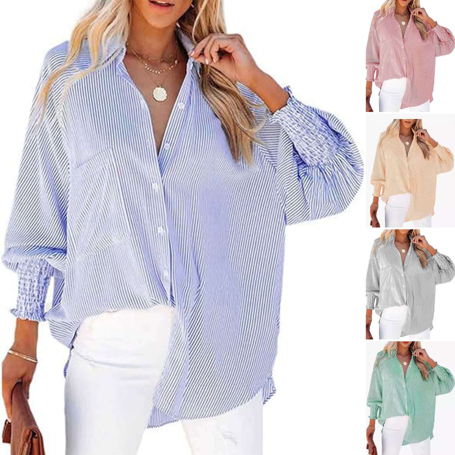 Women's Striped Long Sleeve Loose Shirt Casual Tops
