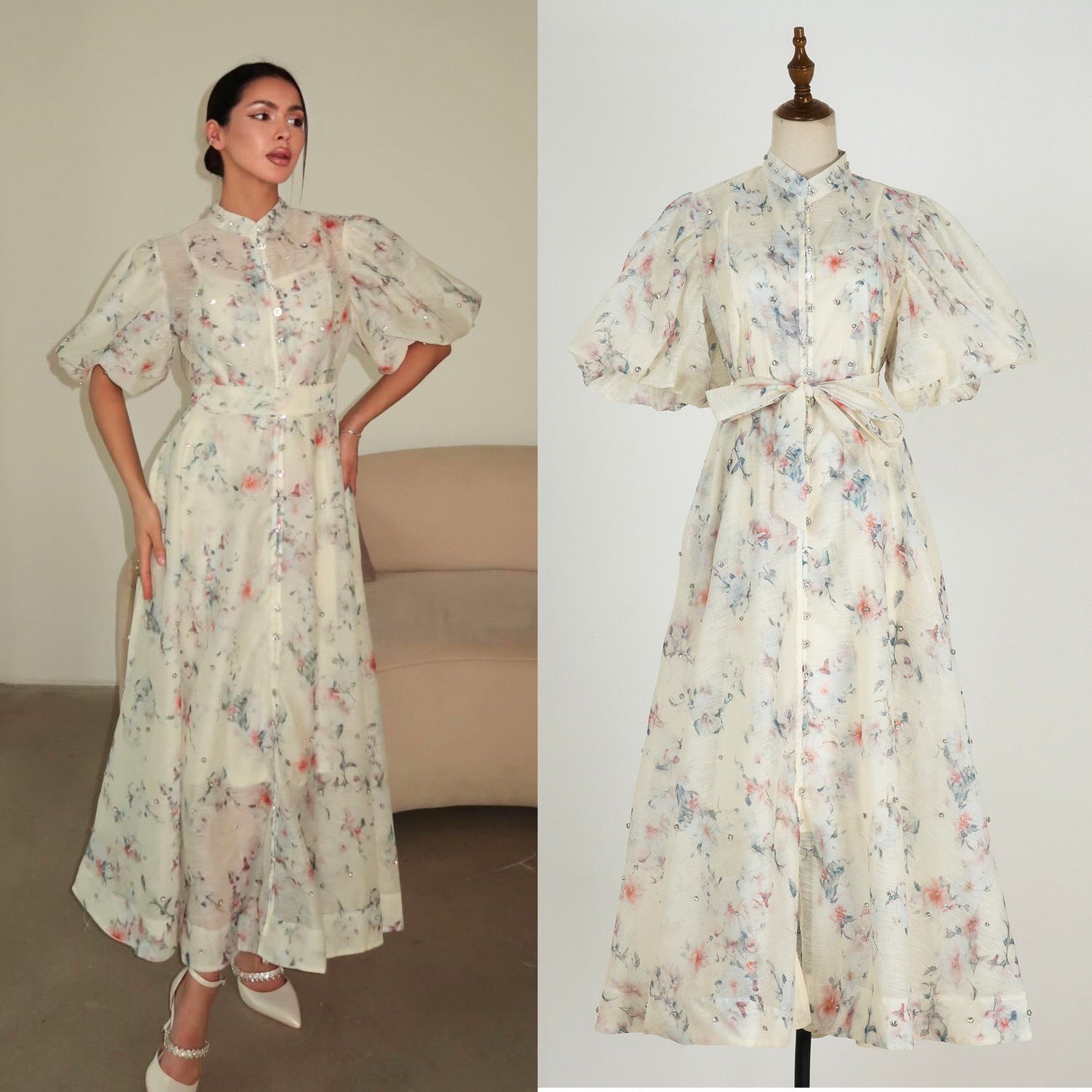 Summer Palace Style High Design Sense Rhinestone Sleeve Single-breasted Long Dress