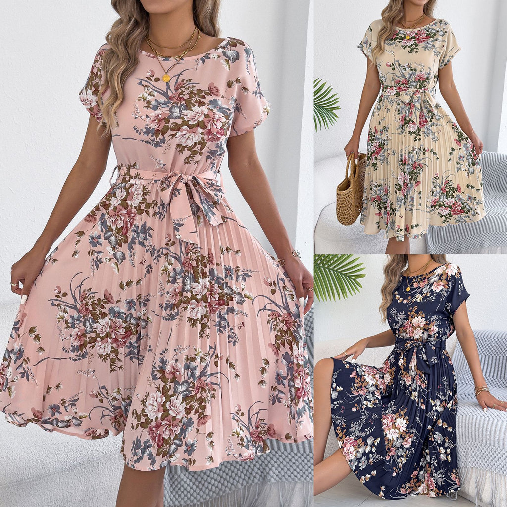 Women's Elegant Flowers Batwing Sleeve Cinched Waist Dress