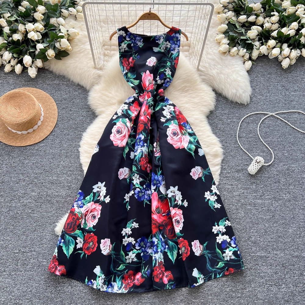 Women's Small Fashionable Retro Waist Slimming Sleeveless Fashion Printed Dress
