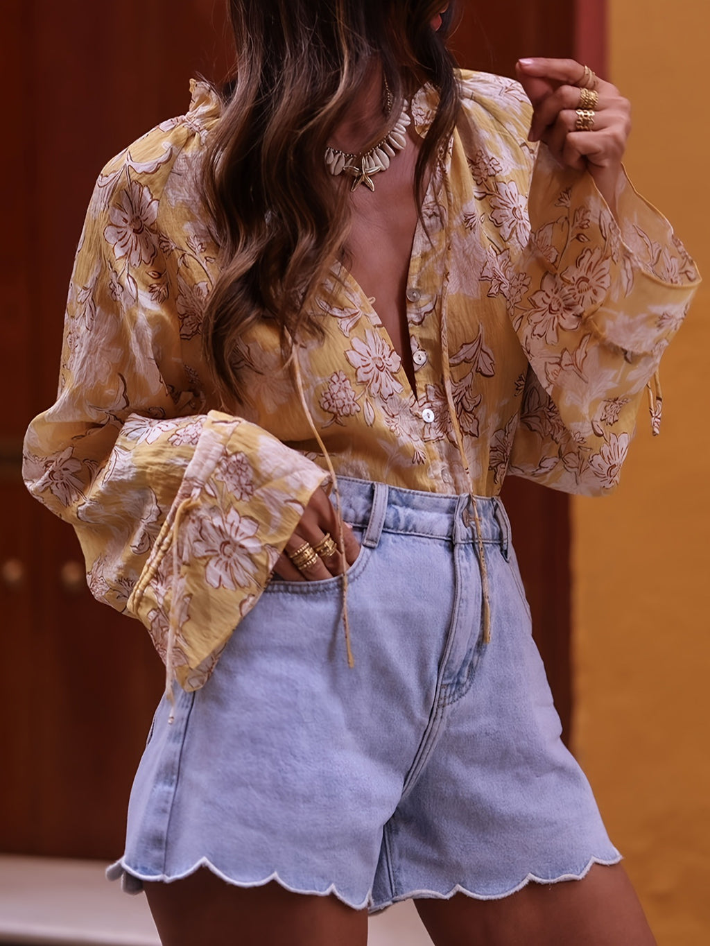 Women's Shirt Summer Chinese Style Yellow Vacation Blouse