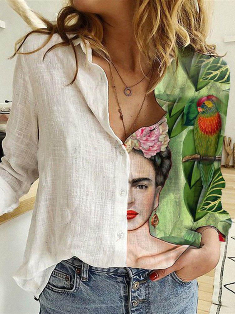 Classic Women's Shirt Printed Long-sleeved Casual Blouse