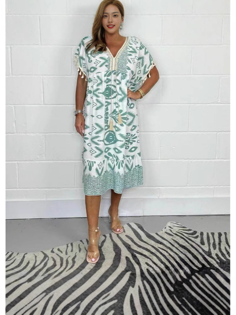 Women's Summer Fashion Printed Tassel Stitching Casual Dress