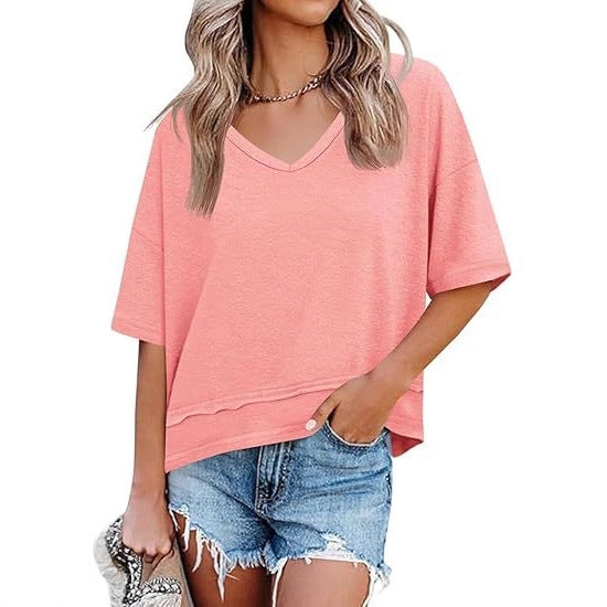 Women's Solid Color Half Sleeve Hem Stitching Women's T-shirt
