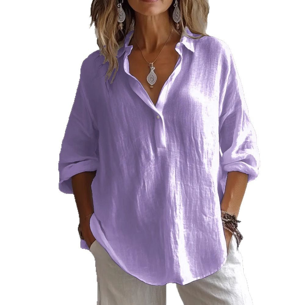 Solid Color Casual Loose Long Sleeve Linen Blouse