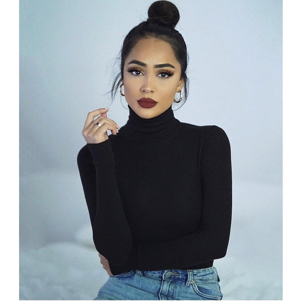 Women's Tight Stretch Turtleneck Long-sleeved Solid Color Thread Slim Bottoming Women's T-shirt