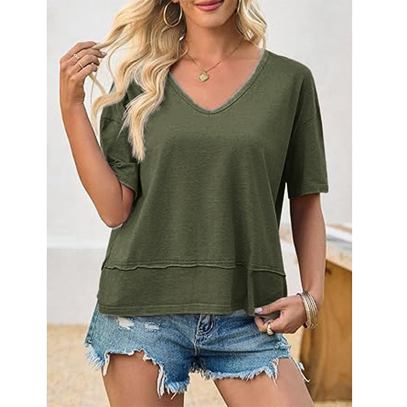 Women's Summer Fashion Wear Solid Color Stitching Women's T-shirt