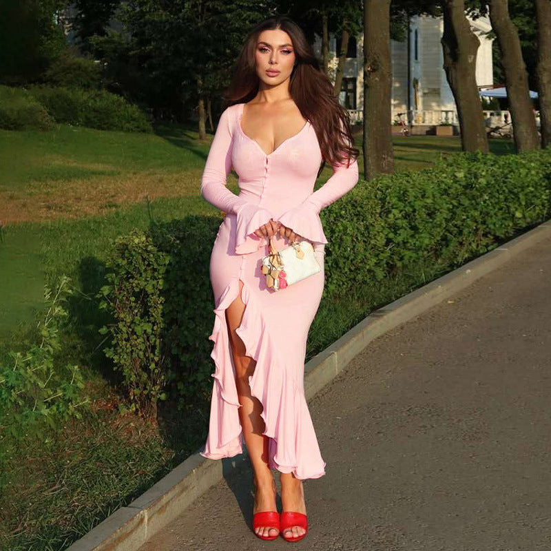 Women's Fashion Sexy Bell Sleeve Ruffled Slit Dress