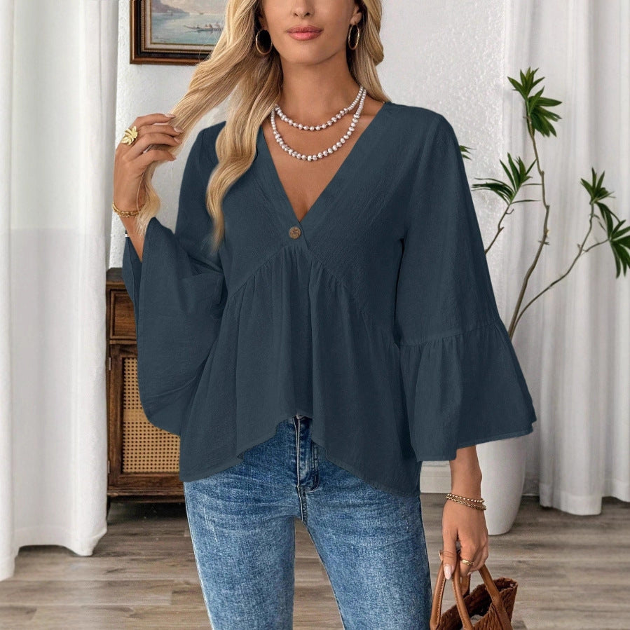 Women's Solid Color Ruffle Sleeve Cotton Female Blouse