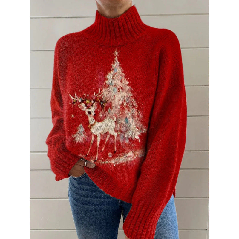 Innovative Women's Christmas Printed Wear Turtleneck Women's T-shirt