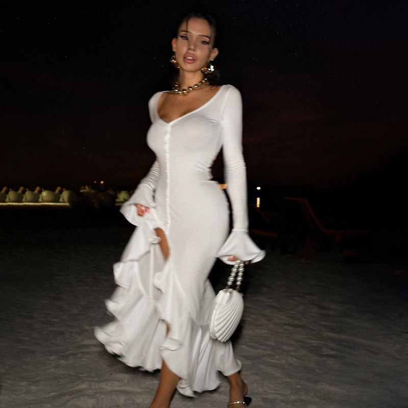 Women's Fashion Sexy Bell Sleeve Ruffled Slit Dress