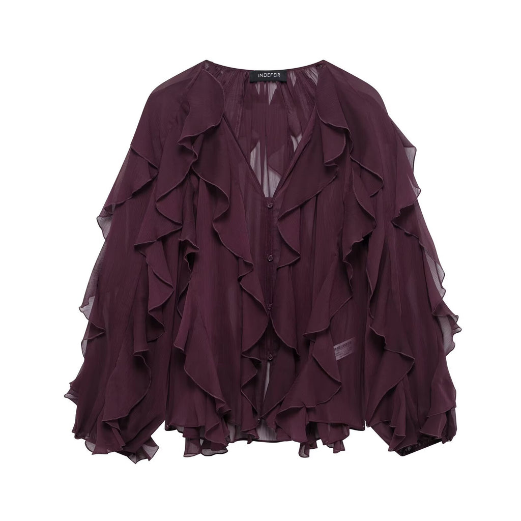 Women's Collar Laminated Decoration Shirt Long Sleeve Blouse