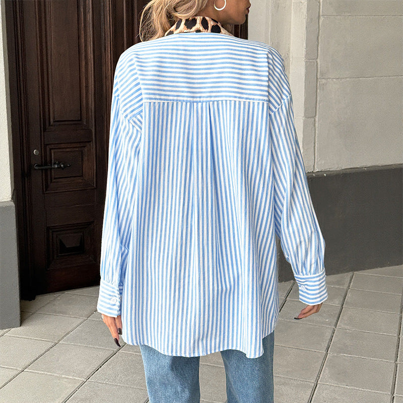 Women's Leisure Vacation Trendy Style Printed Striped Stitching Shirt Blouse
