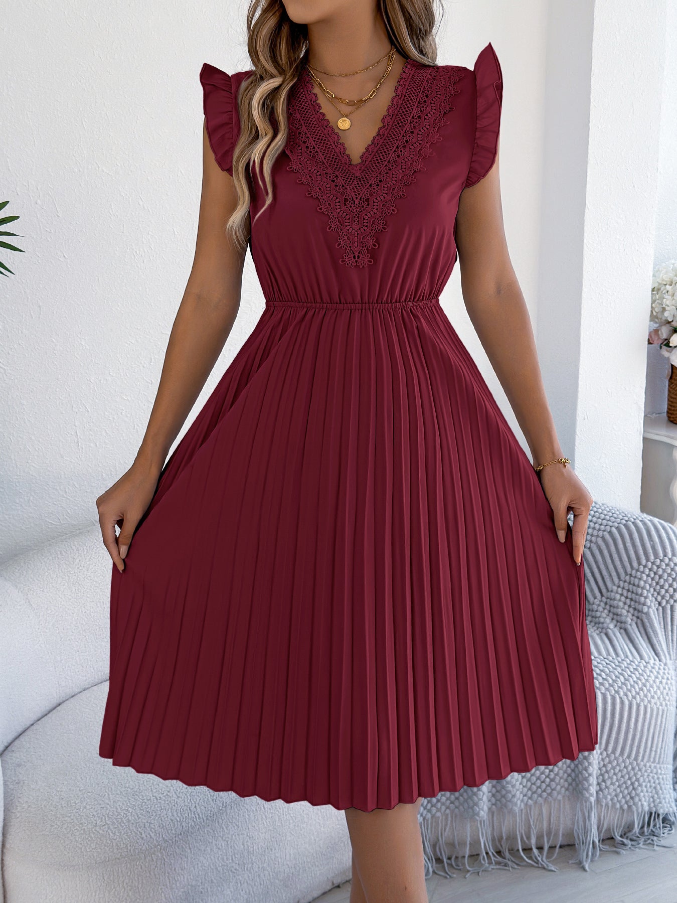 Women's Casual Lace Ruffled Cinched Pleated Dress
