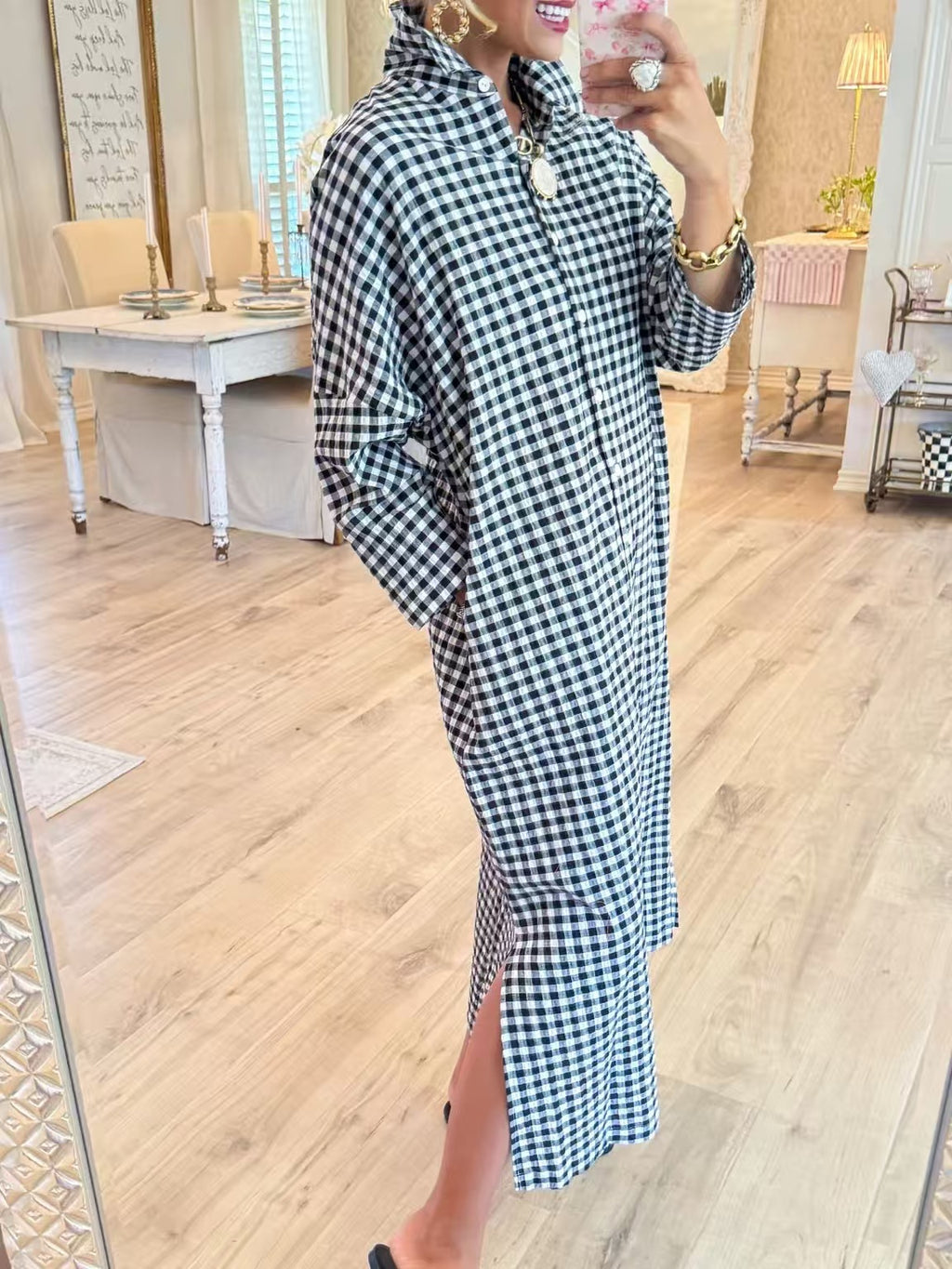 Women's Plaid Loose Slimming Side Slit Long Below The Knee Shirt Blouse
