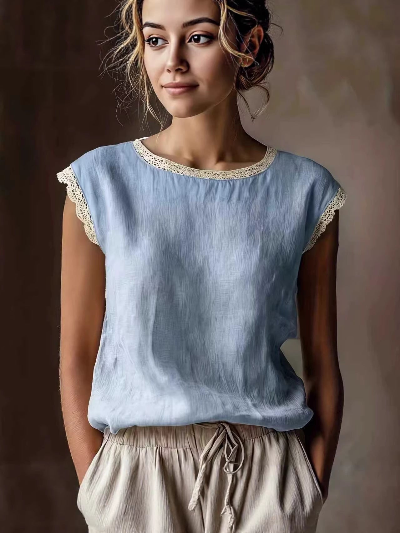 Women's Solid Color Round Neck Lace Stitching Sleeveless Linen Blouse