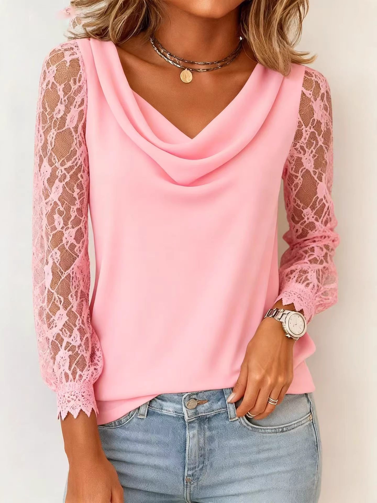 Women's Lace Stitching Sleeve Swing Collar Women's T-shirt