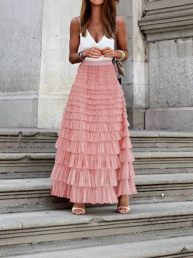 Women's French Style Long Autumn Elegant Solid Color High Waist Net Skirts