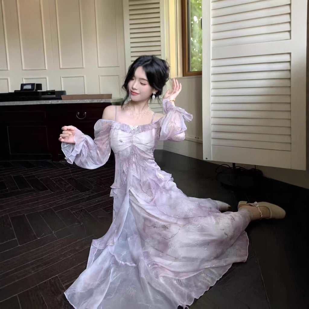 Fairy Purple Blooming Butterfly Bronzing Ruffled Dress