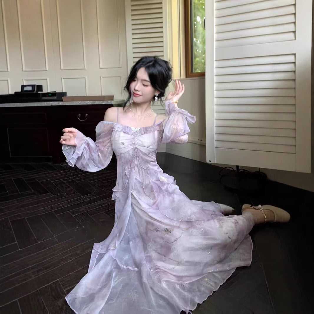 Fairy Purple Blooming Butterfly Bronzing Ruffled Dress