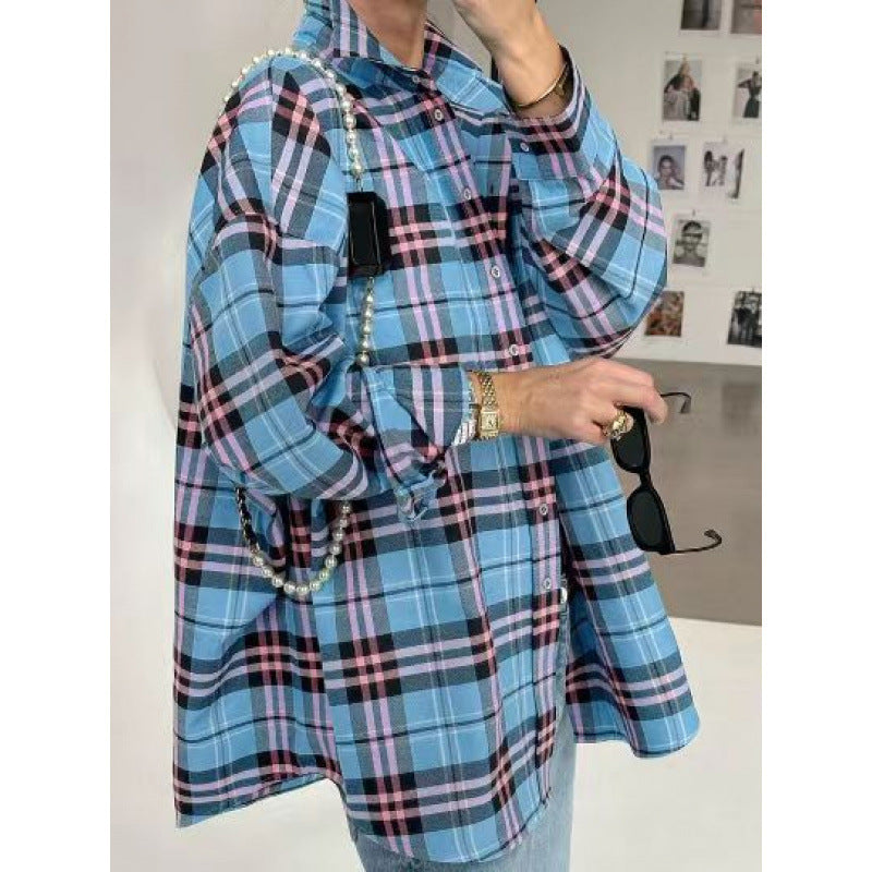 Women's Style Lapel Loose Shirt Autumn Plaid Long Blouse