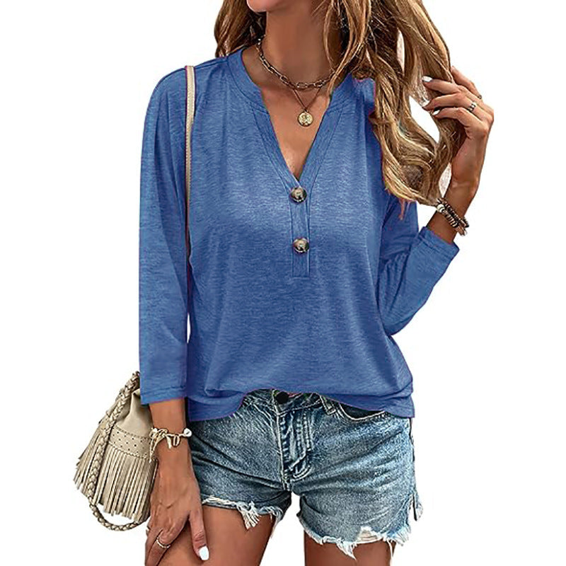 Women's Loose Solid Color Buttons Decorative Sleeve Tops