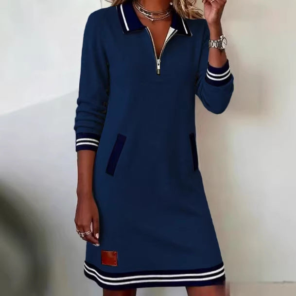 Women's Leisure Zipper Color Matching Midi Dress