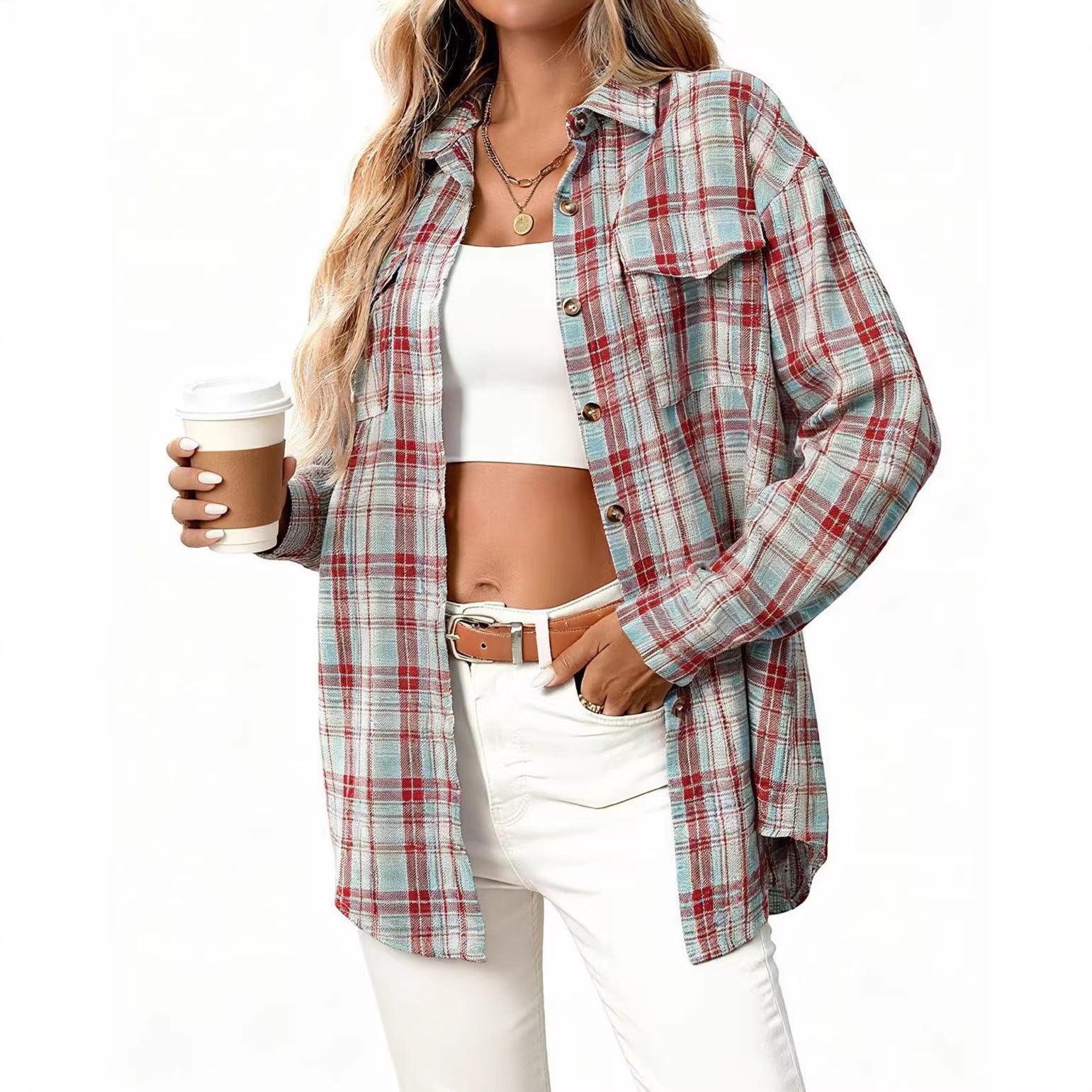 Women's Casual Fashion Loose Plaid Pocket Shirt Blouse