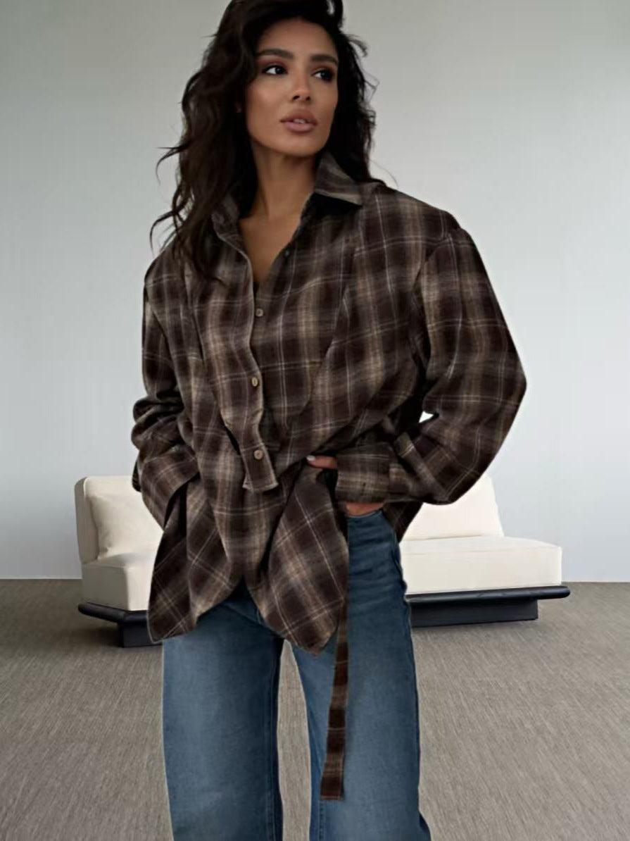 Retro Plaid Design Long Sleeve Shirt Waist Tops