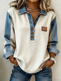 Women's Source Color Block Denim Collar Loose Long Sleeve Women's Sweater